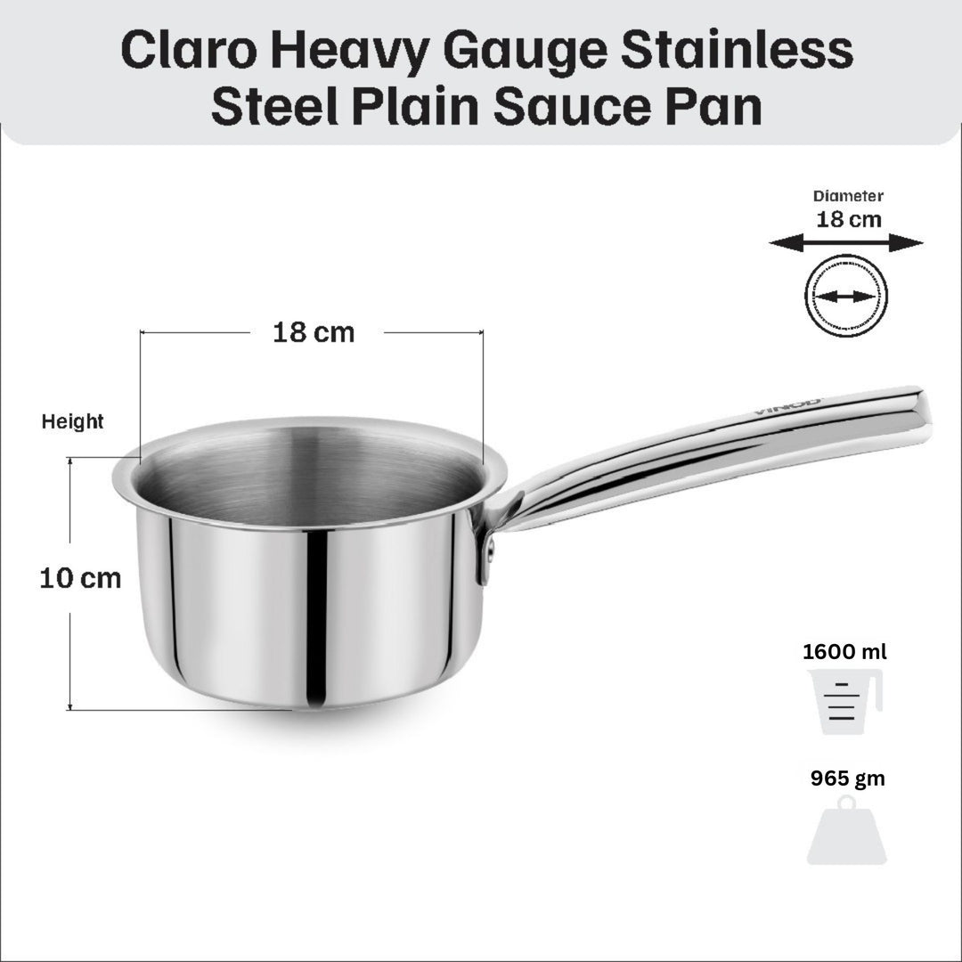 विनोद - क्लारो हेवी गेज स्टेनलेस स्टील सॉस पैन (प्लेन), 1.5 मिमी - क्षमता 1600 मिलीलीटर