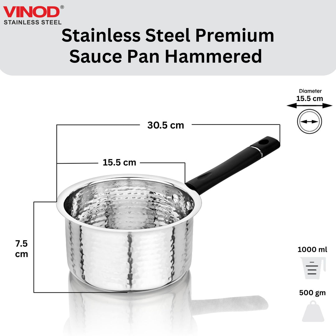 विनोद स्टेनलेस स्टील प्रीमियम हैमर्ड सॉस पैन हैवी गेज 1000 मिली मिल्क पैन, टी पैन, इंडक्शन और गैस स्टोव के अनुकूल, डिशवॉशर सुरक्षित, किचन के लिए टिकाऊ टी पॉट