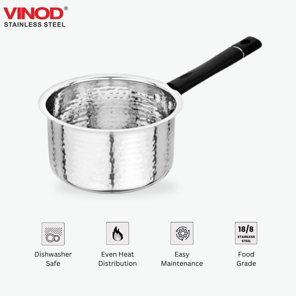 विनोद स्टेनलेस स्टील प्रीमियम हैमर्ड सॉस पैन हैवी गेज 1350 मिली मिल्क पैन, टी पैन, इंडक्शन और गैस स्टोव के अनुकूल, डिशवॉशर सुरक्षित, किचन के लिए टिकाऊ टी पॉट