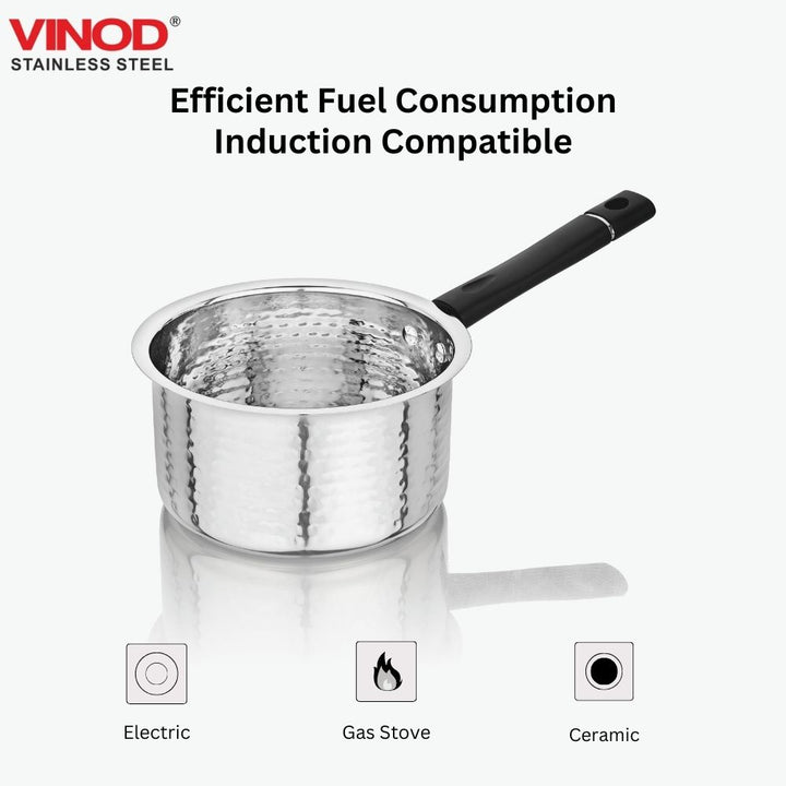 विनोद स्टेनलेस स्टील प्रीमियम हैमर्ड सॉस पैन हैवी गेज 1350 मिली मिल्क पैन, टी पैन, इंडक्शन और गैस स्टोव के अनुकूल, डिशवॉशर सुरक्षित, किचन के लिए टिकाऊ टी पॉट