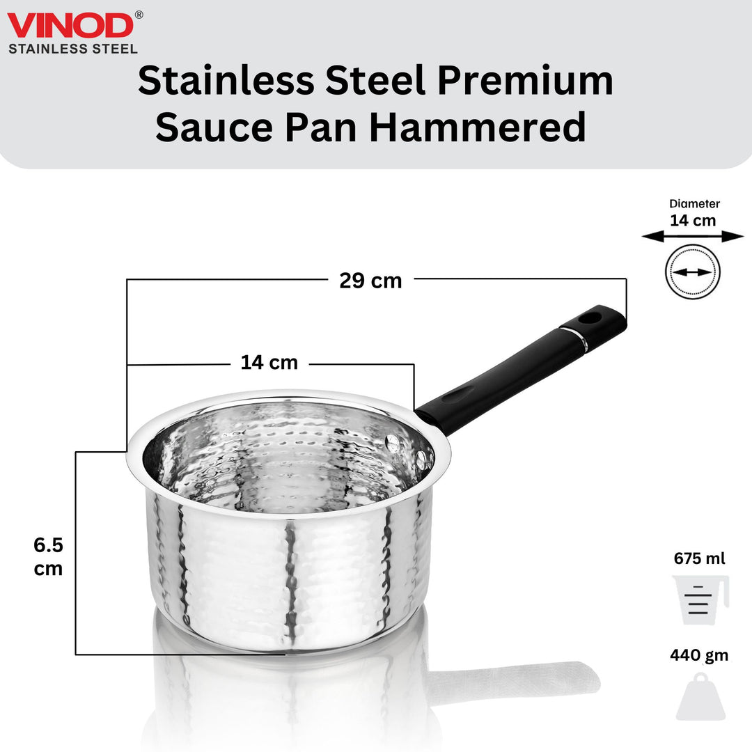 विनोद स्टेनलेस स्टील प्रीमियम हैमर्ड सॉस पैन हैवी गेज 675 मिली मिल्क पैन, टी पैन, इंडक्शन और गैस स्टोव के अनुकूल, डिशवॉशर सुरक्षित, किचन के लिए टिकाऊ टी पॉट