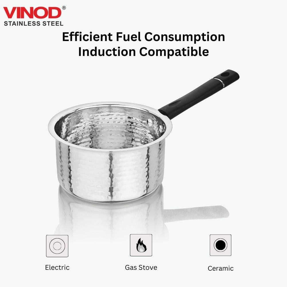विनोद स्टेनलेस स्टील प्रीमियम हैमर्ड सॉस पैन हैवी गेज 675 मिली मिल्क पैन, टी पैन, इंडक्शन और गैस स्टोव के अनुकूल, डिशवॉशर सुरक्षित, किचन के लिए टिकाऊ टी पॉट