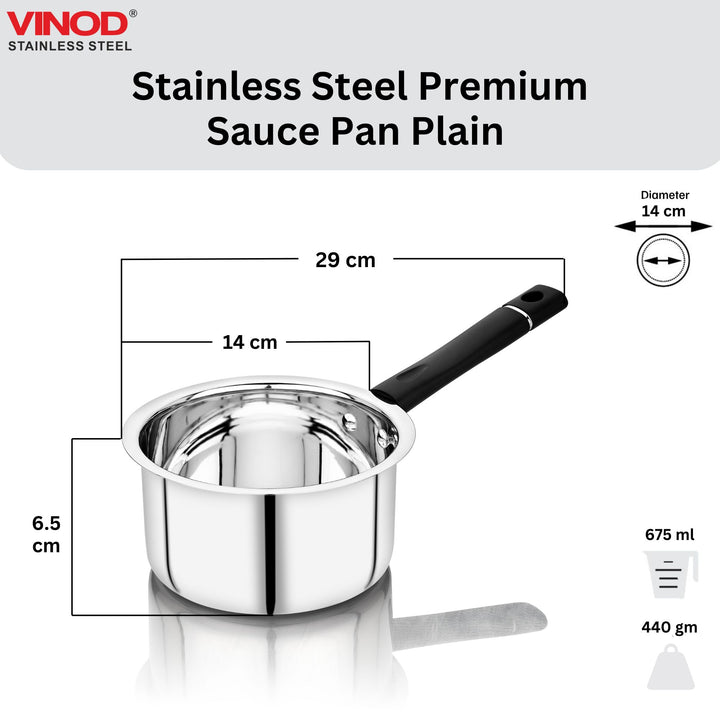 विनोद स्टेनलेस स्टील प्रीमियम सॉस पैन हैवी गेज 675 मिली मिल्क पैन, टी पैन, इंडक्शन और गैस स्टोव के अनुकूल, डिशवॉशर सुरक्षित, किचन के लिए टिकाऊ टी पॉट