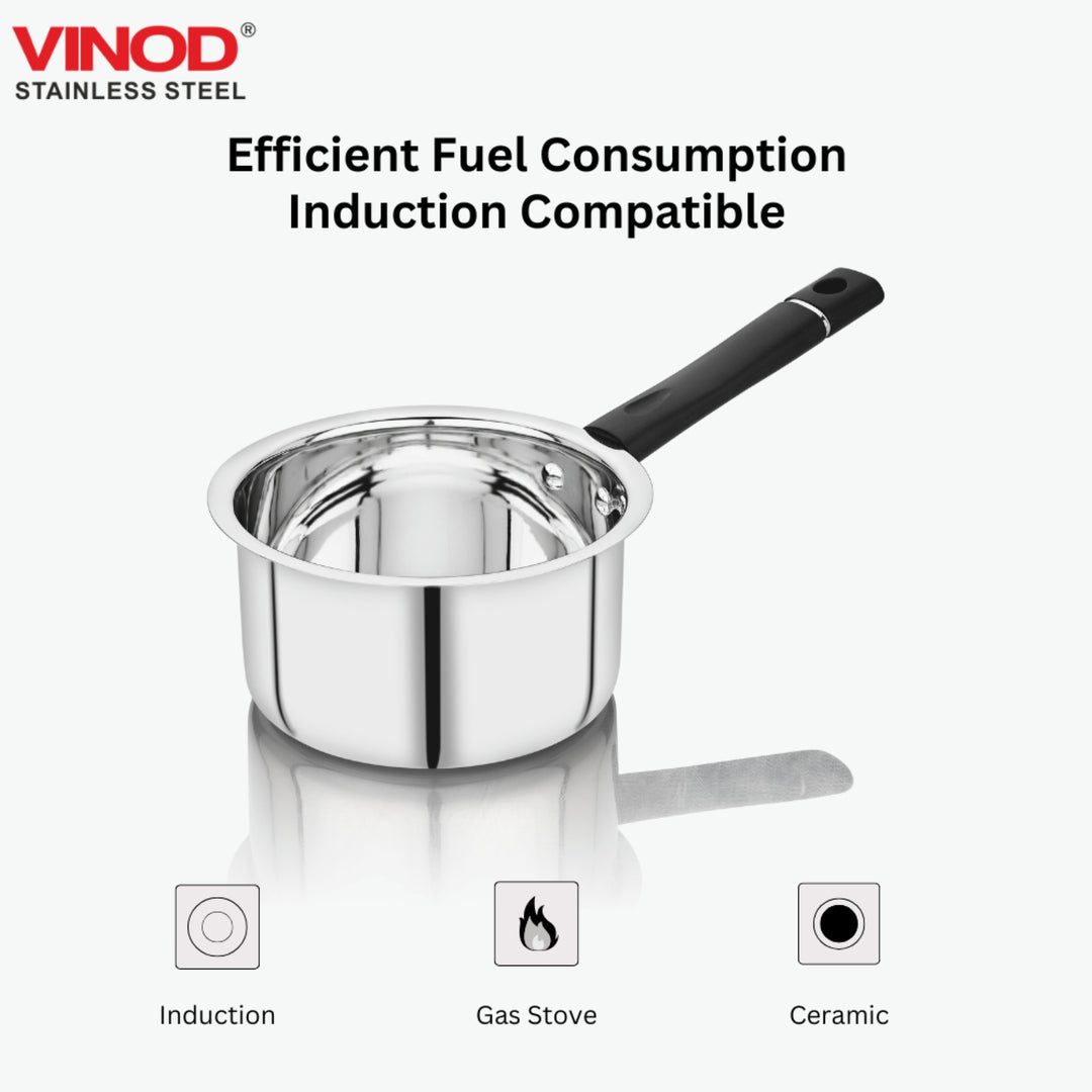 विनोद स्टेनलेस स्टील प्रीमियम सॉस पैन हैवी गेज 675 मिली मिल्क पैन, टी पैन, इंडक्शन और गैस स्टोव के अनुकूल, डिशवॉशर सुरक्षित, किचन के लिए टिकाऊ टी पॉट