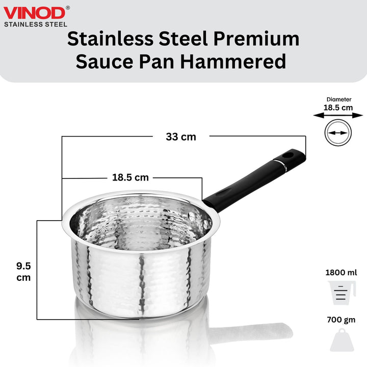 विनोद स्टेनलेस स्टील प्रीमियम हैमर्ड सॉस पैन हैवी गेज 1800 मिली मिल्क पैन, टी पैन, इंडक्शन और गैस स्टोव के अनुकूल, डिशवॉशर सुरक्षित, किचन के लिए टिकाऊ टी पॉट