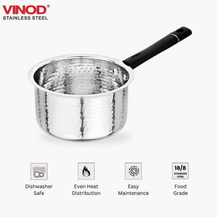 विनोद स्टेनलेस स्टील प्रीमियम हैमर्ड सॉस पैन हैवी गेज 1800 मिली मिल्क पैन, टी पैन, इंडक्शन और गैस स्टोव के अनुकूल, डिशवॉशर सुरक्षित, किचन के लिए टिकाऊ टी पॉट