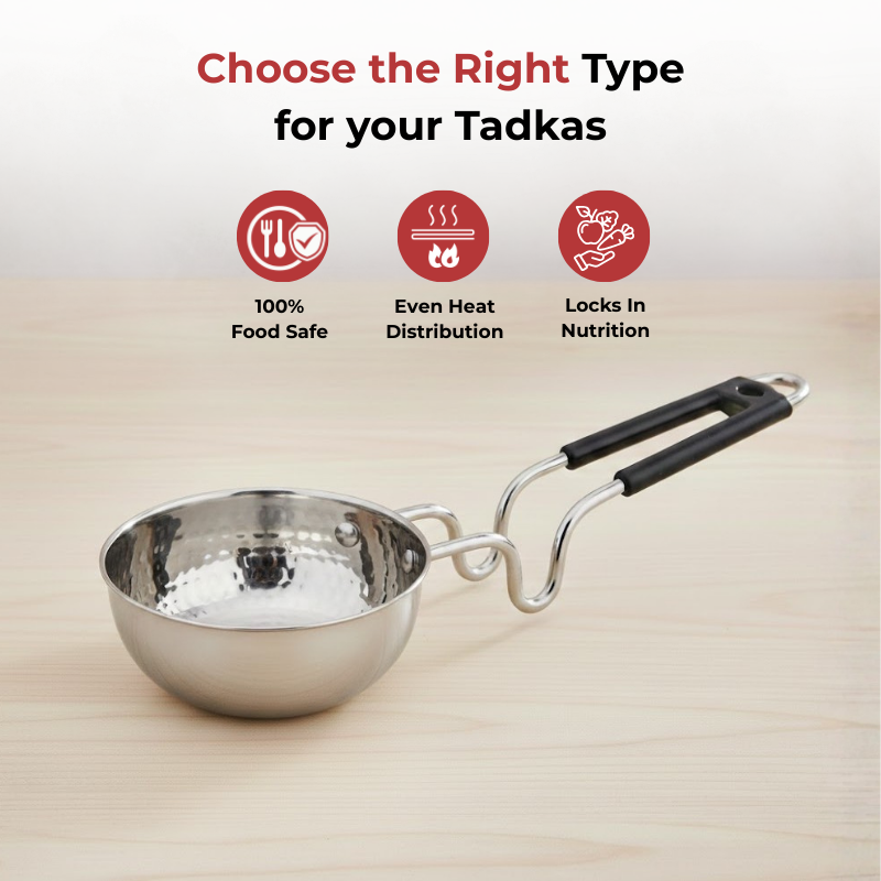 Vinod claro heavy gauge stainless steel hammered tadka pan, 1.5 mm, angled view