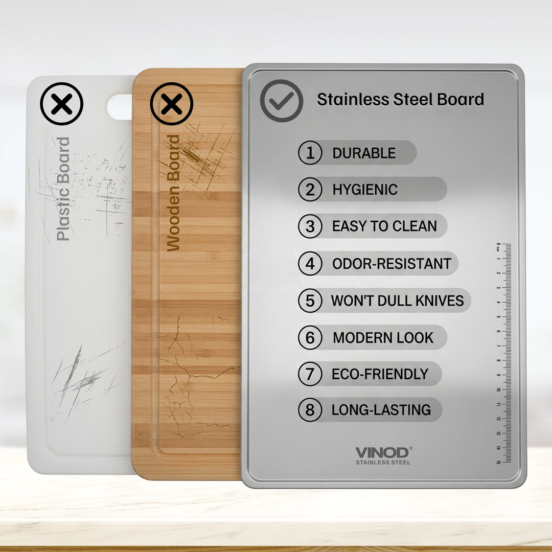 विनोद स्टेनलेस स्टील चॉपिंग बोर्ड - रसोई के लिए कॉम्पैक्ट 30.5 x 20 सेमी कटिंग बोर्ड, जंग-रोधी, अत्यधिक टिकाऊ, जगह बचाने वाला, मांस, फल और सब्जियों के लिए आदर्श