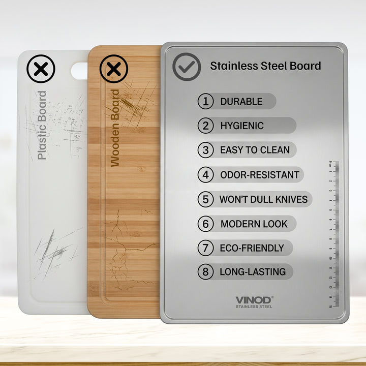 विनोद स्टेनलेस स्टील चॉपिंग बोर्ड - रसोई के लिए कॉम्पैक्ट 30.5 x 20 सेमी कटिंग बोर्ड, जंग-रोधी, अत्यधिक टिकाऊ, जगह बचाने वाला, मांस, फल और सब्जियों के लिए आदर्श