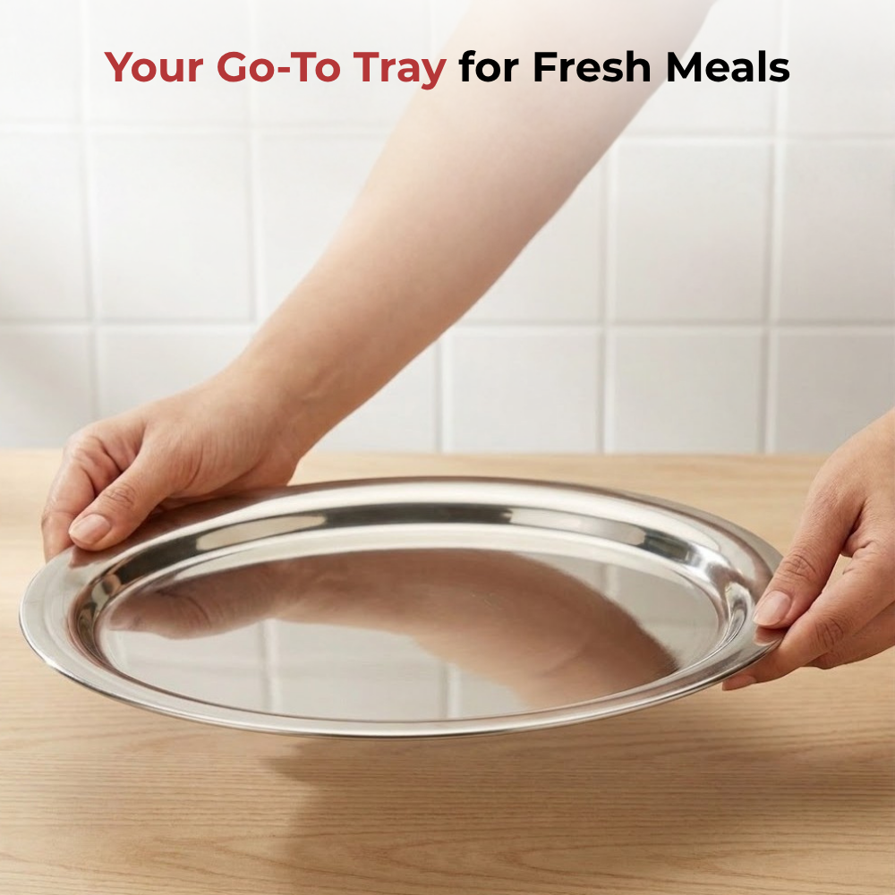 Vinod Stainless Steel Round Service Tray, close-up detail
