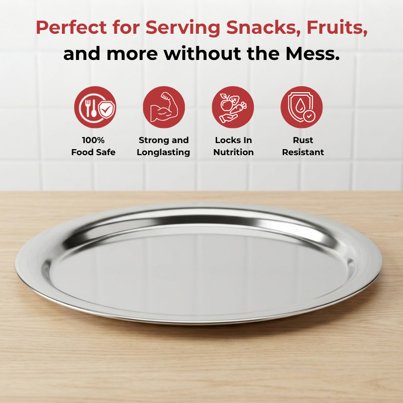 VINOD Stainless Steel Round Service Tray with Highest Grade Steel, Mirror Finish, Strong & Durable, Dishwasher Safe, Rust Free