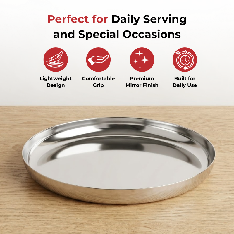 VINOD Stainless Steel Beeding Khumcha Thali Set of 2 - 27 cm, Lunch & Dinner Plate, Highest Quality Stainless Steel, Mirror Finish, Rust Free