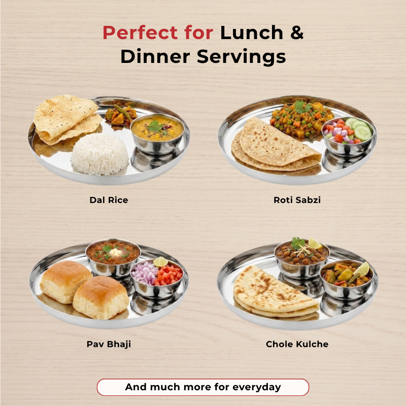 VINOD Stainless Steel Beeding Khumcha Thali Set of 2 - 27 cm, Lunch & Dinner Plate, Highest Quality Stainless Steel, Mirror Finish, Rust Free