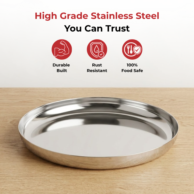 VINOD Stainless Steel Beeding Khumcha Thali Set of 2 - 27 cm, Lunch & Dinner Plate, Highest Quality Stainless Steel, Mirror Finish, Rust Free