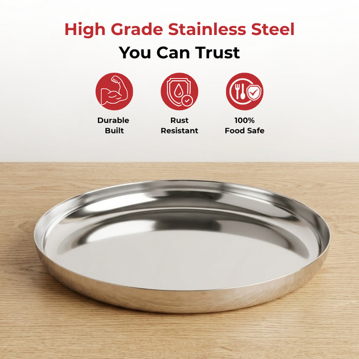 VINOD Stainless Steel Beeding Khumcha Thali Set of 2 - 27 cm, Lunch & Dinner Plate, Highest Quality Stainless Steel, Mirror Finish, Rust Free
