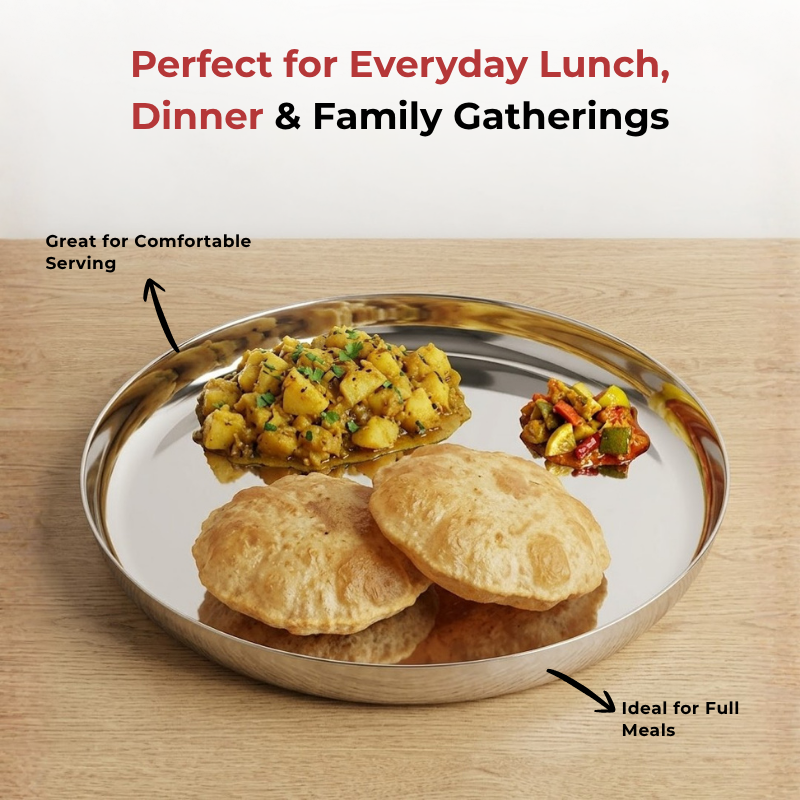 VINOD Stainless Steel Beeding Khumcha Thali Set of 2 - 27 cm, Lunch & Dinner Plate, Highest Quality Stainless Steel, Mirror Finish, Rust Free