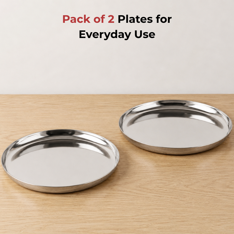 VINOD Stainless Steel Beeding Khumcha Thali Set of 2 - 27 cm, Lunch & Dinner Plate, Highest Quality Stainless Steel, Mirror Finish, Rust Free