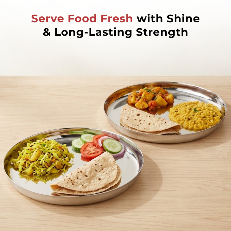 VINOD Stainless Steel Beeding Khumcha Thali Set of 2 - 27 cm, Lunch & Dinner Plate, Highest Quality Stainless Steel, Mirror Finish, Rust Free