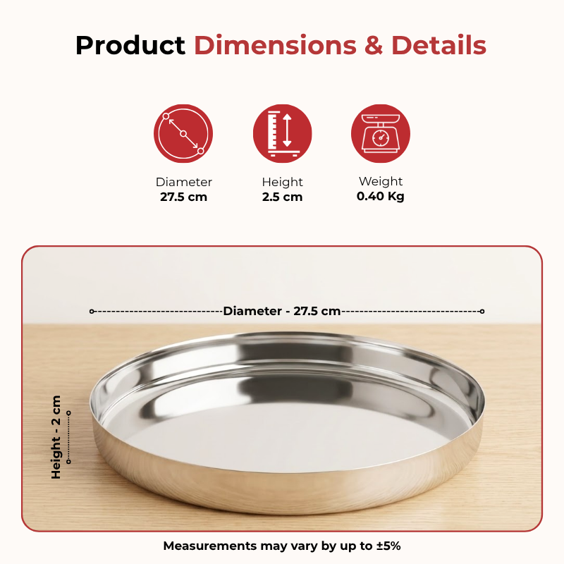 VINOD Stainless Steel Beeding Khumcha Thali Set of 2 - 27 cm, Lunch & Dinner Plate, Highest Quality Stainless Steel, Mirror Finish, Rust Free