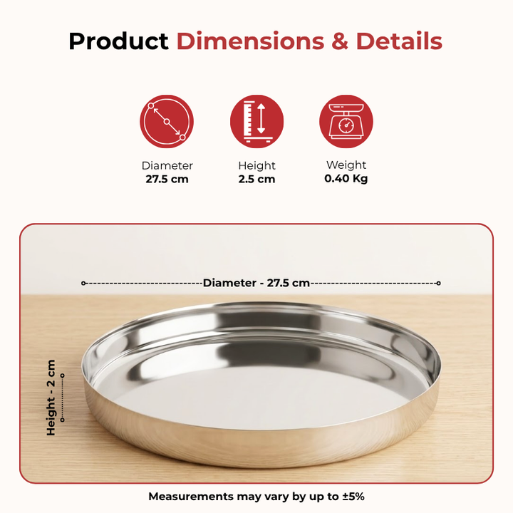 VINOD Stainless Steel Beeding Khumcha Thali Set of 2 - 27 cm, Lunch & Dinner Plate, Highest Quality Stainless Steel, Mirror Finish, Rust Free