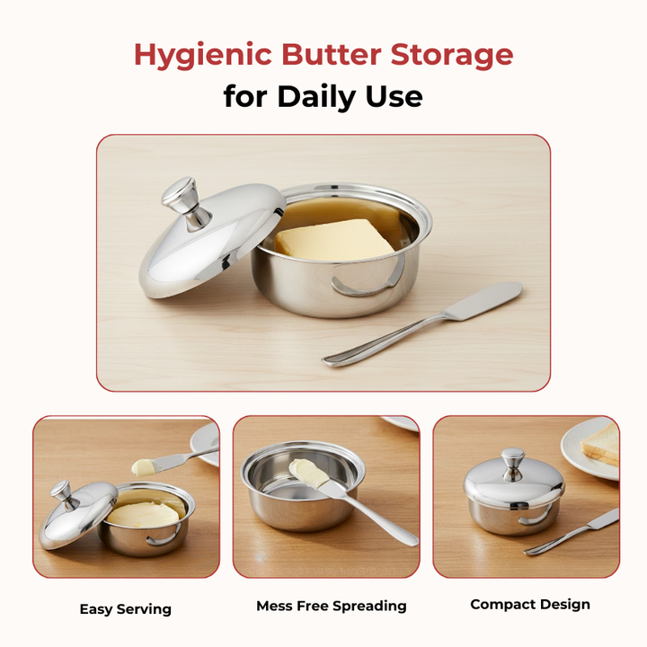 विनोद स्टेनलेस स्टील बटर पॉट बटर नाइफ के साथ, क्षमता 100 ग्राम