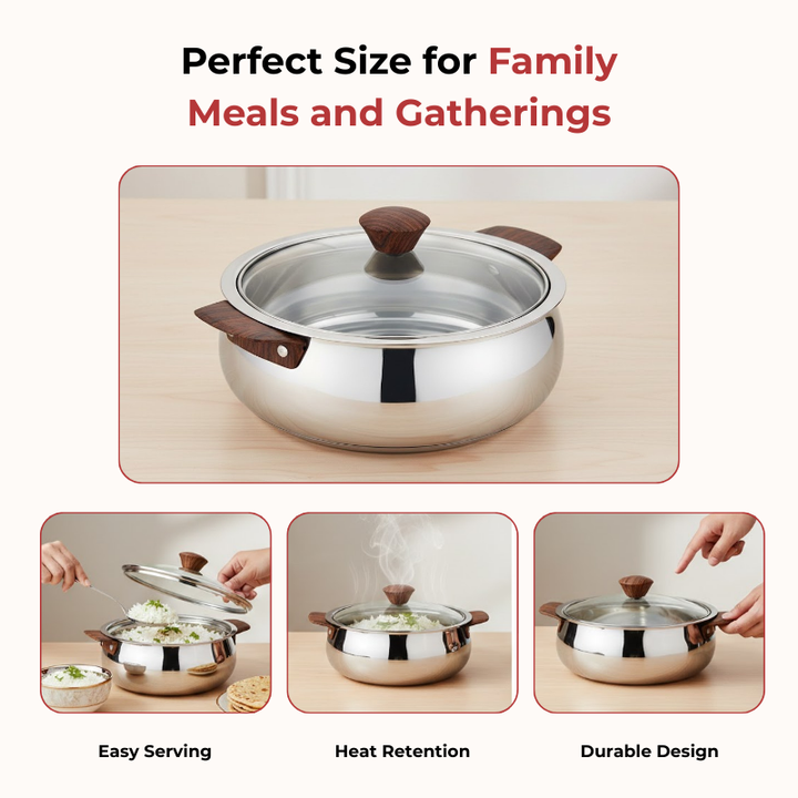 VINOD Stainless Steel Aroma Insulated Casserole with Glass Lid & Wooden Knob | Capacity 750 ml