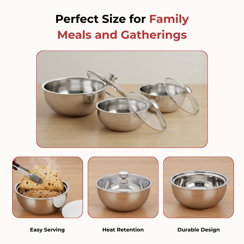 VINOD Stainless Steel Montero Insulated Casserole with Glass Lid & Steel Knob – Set of 3 Pcs – 500 ml, 900 ml & 1500 ml
