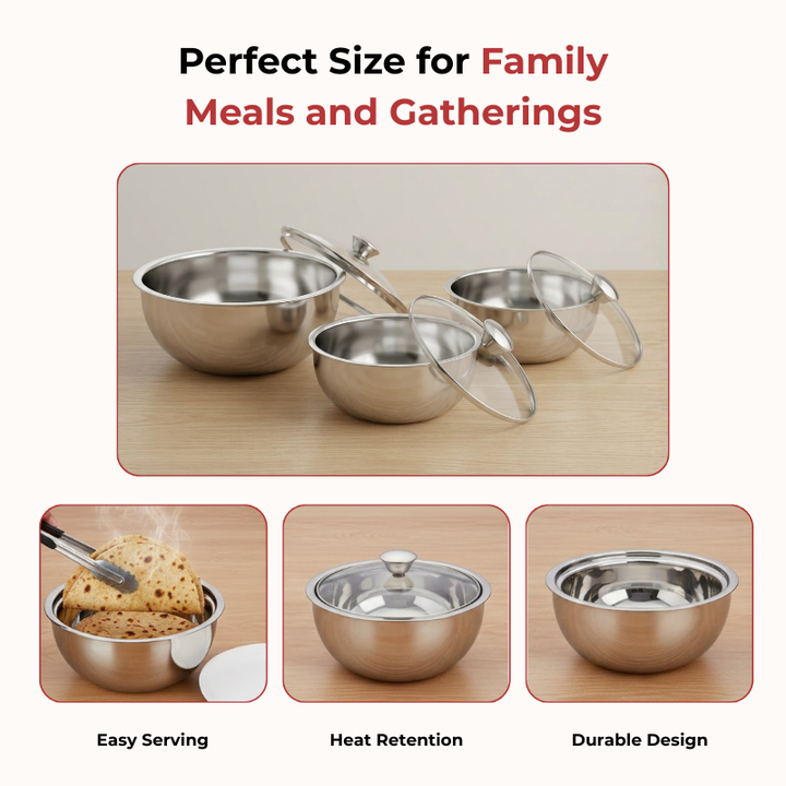 VINOD Stainless Steel Montero Insulated Casserole with Glass Lid & Steel Knob – Set of 3 Pcs – 500 ml, 900 ml & 1500 ml