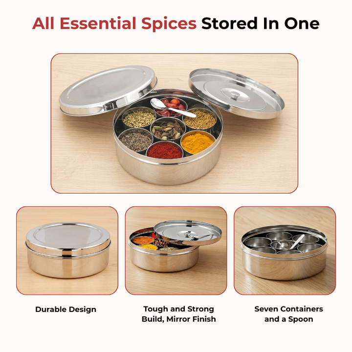 VINOD Stainless Steel Masala Dabba / Spice Box with 7 Containers, Spoon & Inner Lid, Mirror Finish, Rust Free Build - 8 Inch (No.12)
