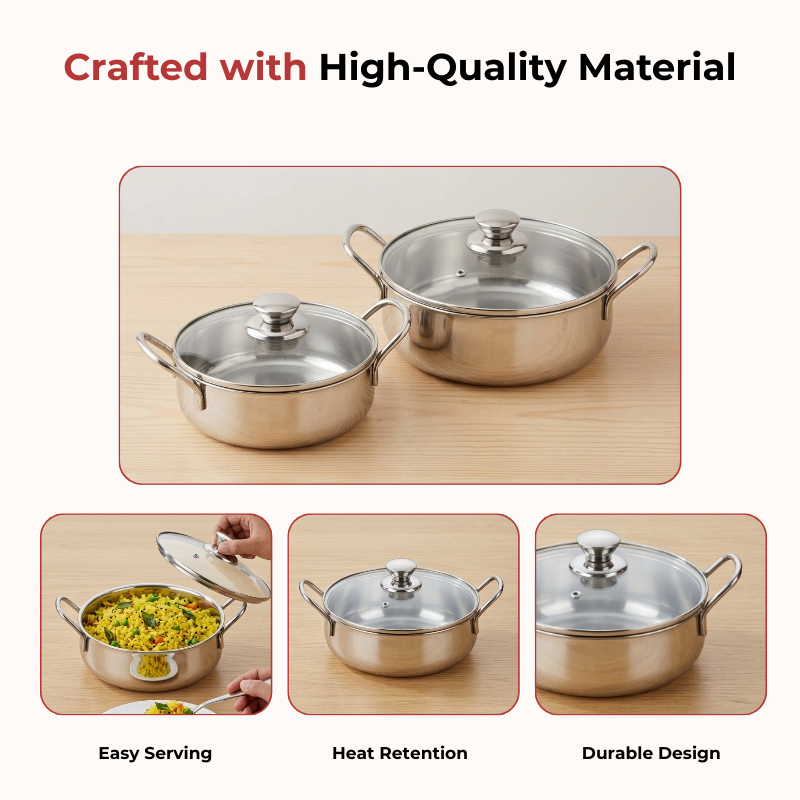 Vinod Stainless Steel Elite Bowl 2 Pcs Set with Glass Lid & Side Handles, product view 8