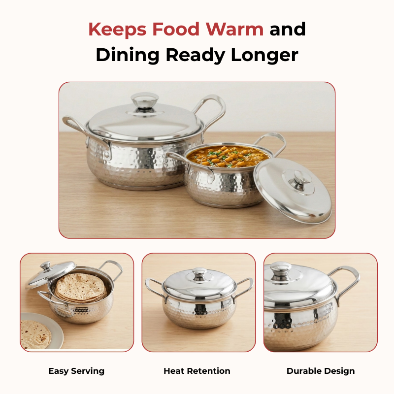 Vinod Stainless Steel Milano Hammered Serving Casserole With Steel Lid & Side Handle - Set of 2 Pcs - 1230 ml & 1630 ml - 16 cm & 18 cm