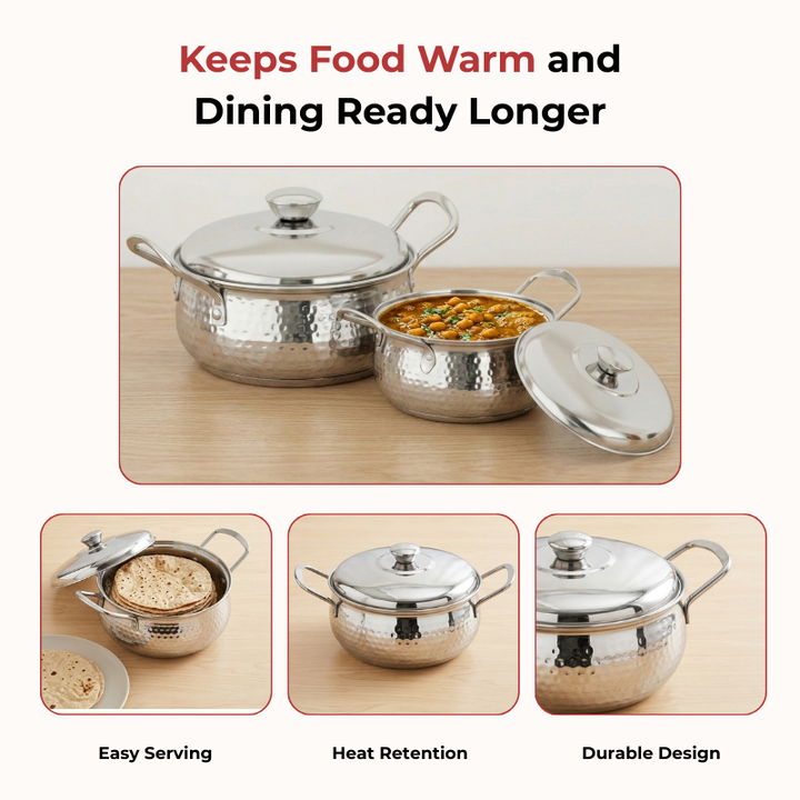 Vinod Stainless Steel Milano Hammered Serving Casserole With Steel Lid & Side Handle - Set of 2 Pcs - 1230 ml & 1630 ml - 16 cm & 18 cm