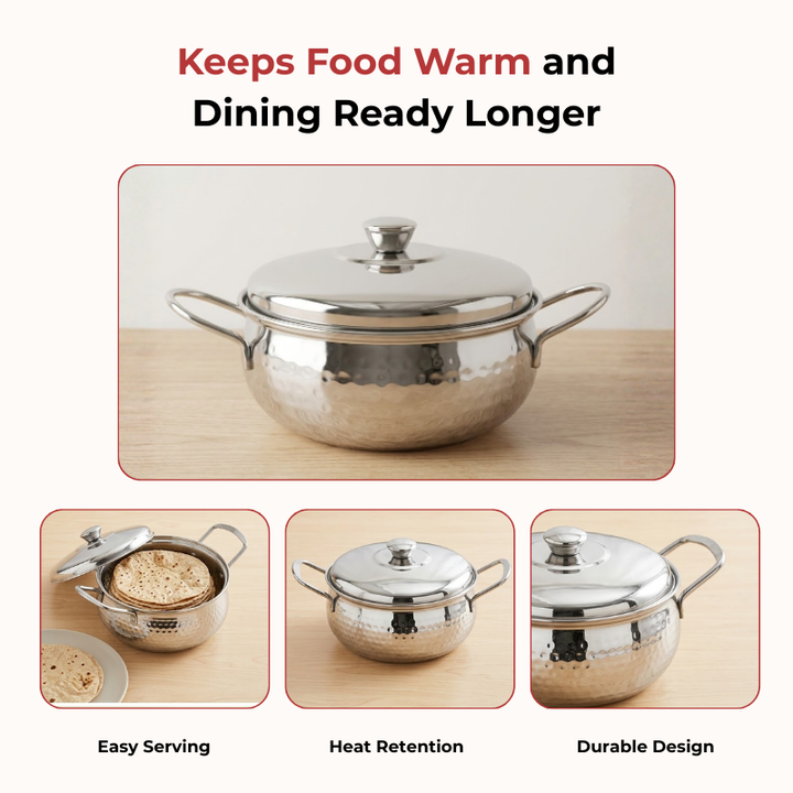 Vinod Stainless Steel Milano Hammered Serving Casserole With Steel Lid & Side Handle 1630 ml, 18 cm