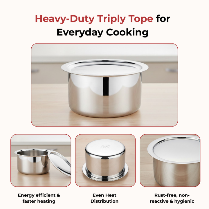 VINOD Doniv Titanium Triply Stainless Steel Tope with Cover 18 cms, 3000 ml Capacity, Induction Friendly