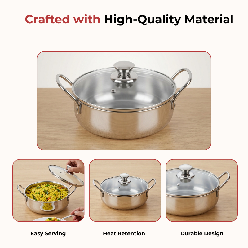 Vinod Stainless Steel Elite Bowl with Glass Lid & Side Handles, feature panel
