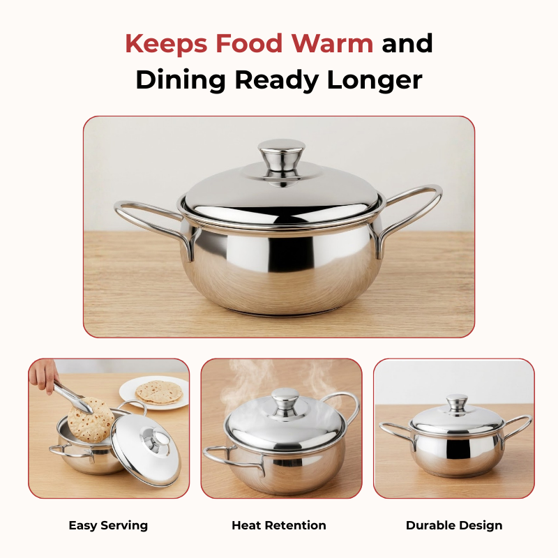 Vinod Stainless Steel Milano Plain Serving Casserole With Steel Lid & Side Handle 2000 ml, 20 cm