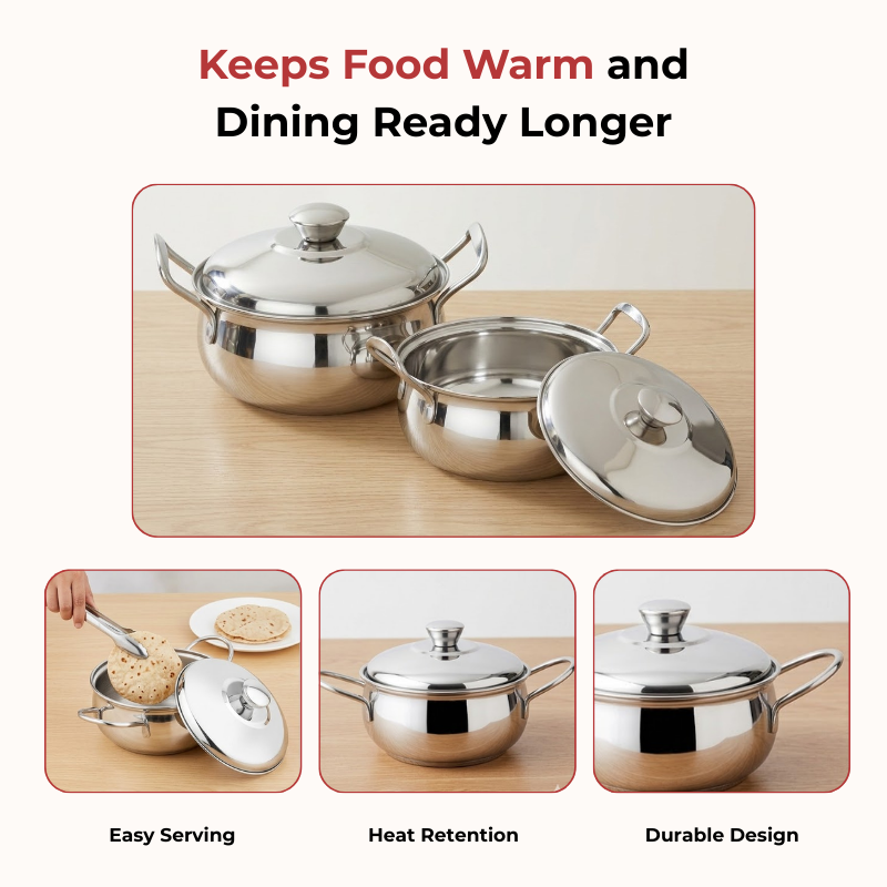 Vinod Stainless Steel Milano Plain Serving Casserole With Steel Lid & Side Handle - Set of 2 Pcs - 1230 ml & 1630 ml - 16 cm & 18 cm