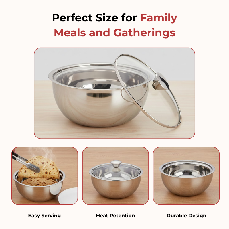 विनोद स्टेनलेस स्टील मोंटेरो इंसुलेटेड कैसरोल ग्लास लिड और स्टील नॉब के साथ | क्षमता 900 मिली