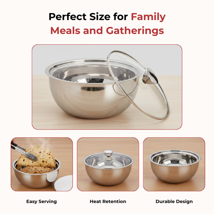 विनोद स्टेनलेस स्टील मोंटेरो इंसुलेटेड कैसरोल ग्लास लिड और स्टील नॉब के साथ | क्षमता 900 मिली