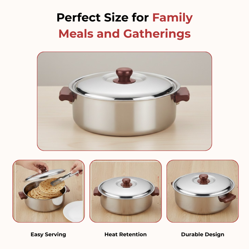 Vinod Stainless Steel Multipurpose Hot Casserole with lid, 2800 ml Capacity, in-use view