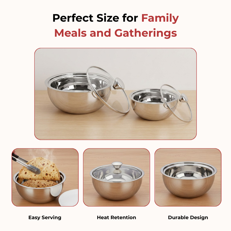 VINOD Stainless Steel Montero Insulated Casserole with Glass Lid & Steel Knob – Set of 2 Pcs – 500 ml & 900 ml