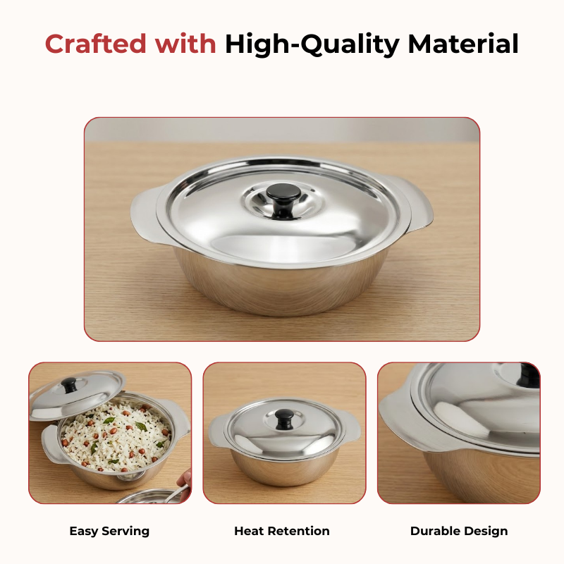 VINOD Stainless Steel Royal Veg Serving Dish with Cover - 350 ml Capacity, Highest Grade Stainless Steel, Dishwasher Safe, Tough & Strong