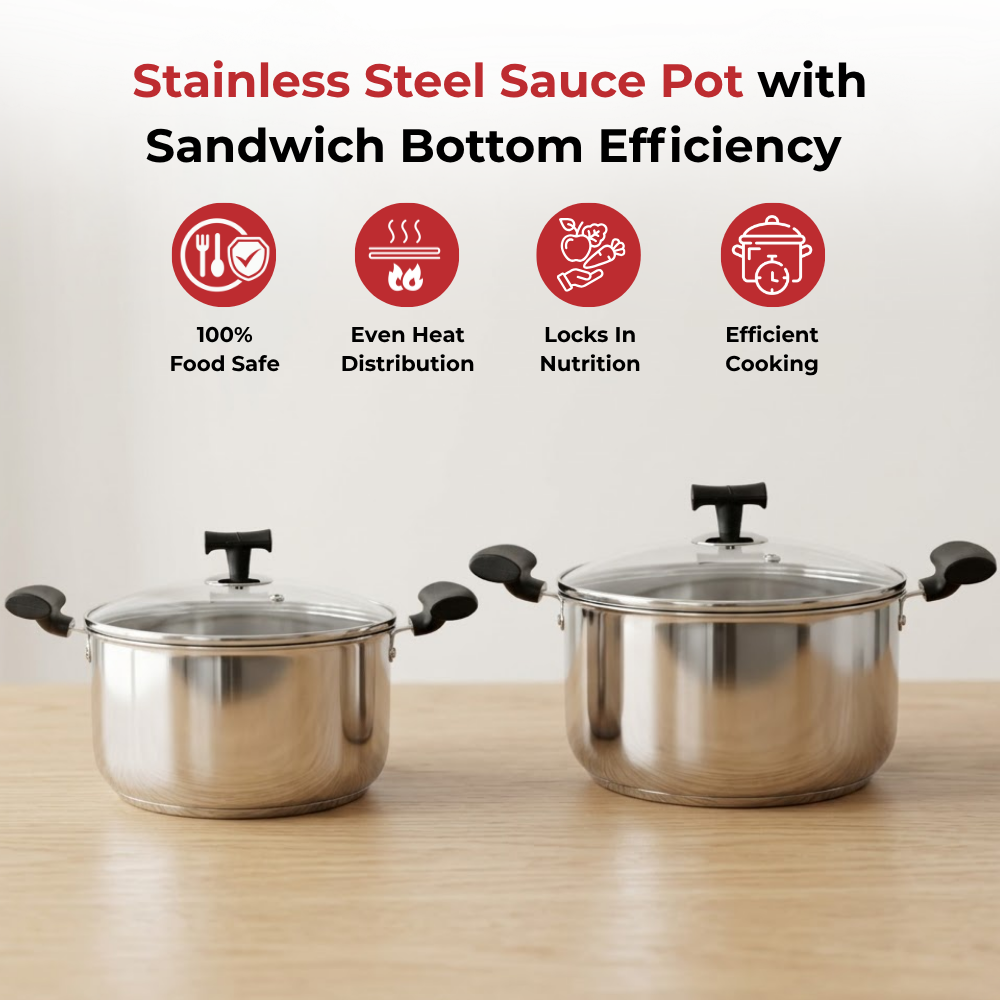 विनोद - डोनिव स्टेनलेस स्टील सैंडविच बॉटम सॉलिटेयर सॉस पॉट ग्लास लिड के साथ 2 पीस का सेट - 16 सेमी और 18 सेमी. (1.4 लीटर और 2.4 लीटर)