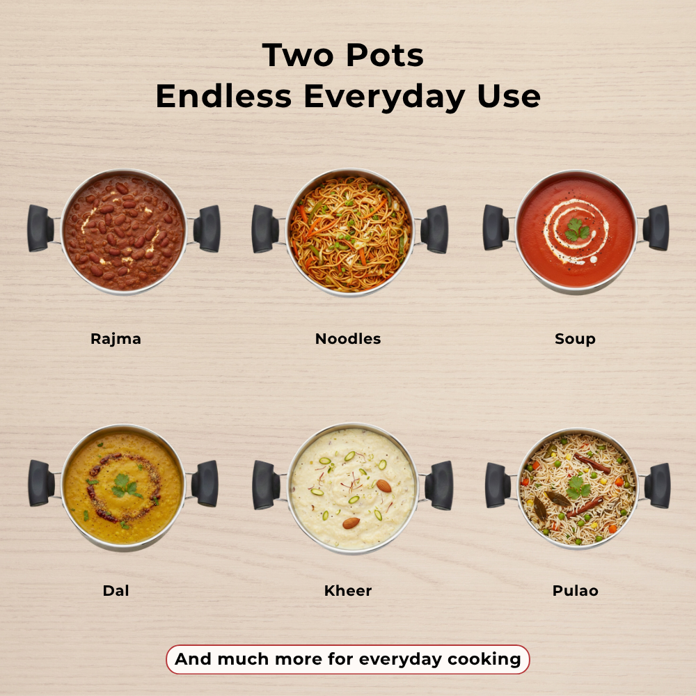 विनोद - डोनिव स्टेनलेस स्टील सैंडविच बॉटम सॉलिटेयर सॉस पॉट ग्लास लिड के साथ 2 पीस का सेट - 16 सेमी और 18 सेमी. (1.4 लीटर और 2.4 लीटर)