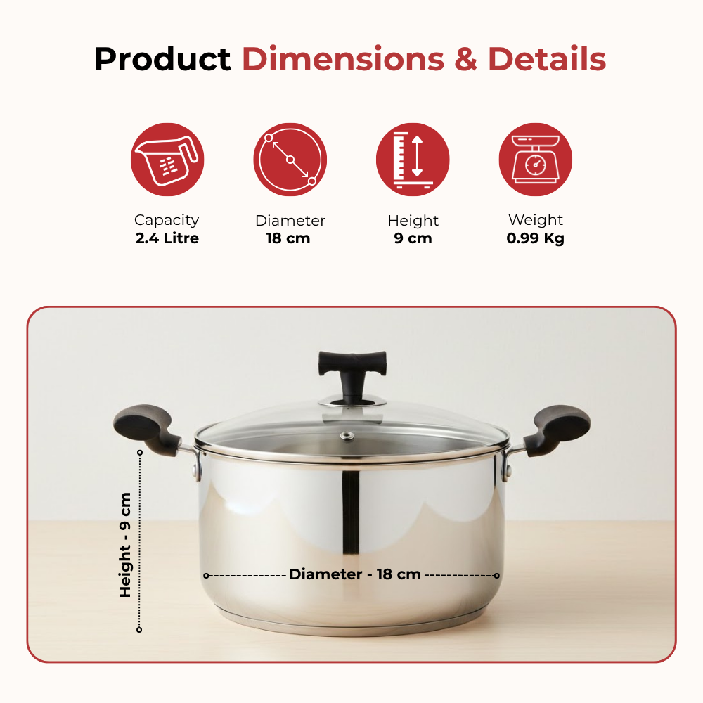विनोद - डोनिव स्टेनलेस स्टील सैंडविच बॉटम सॉलिटेयर सॉस पॉट ग्लास लिड के साथ 2 पीस का सेट - 16 सेमी और 18 सेमी. (1.4 लीटर और 2.4 लीटर)