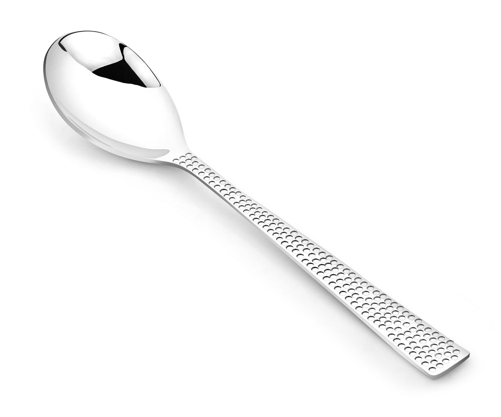 Vinod Aero hammered stainless steel dessert spoon set of 12, mirror finish, in-use view