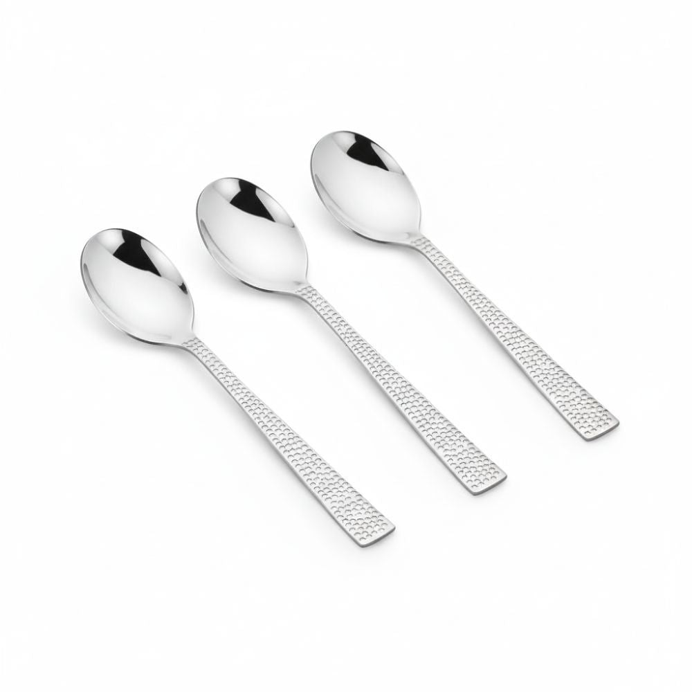 Vinod Stainless Steel 6 Pcs Hammered Finish Serving Spoon Cutlery Set, Rust Free, Mirror Polish, Premium Dinner Spoon, Tableware, Silver