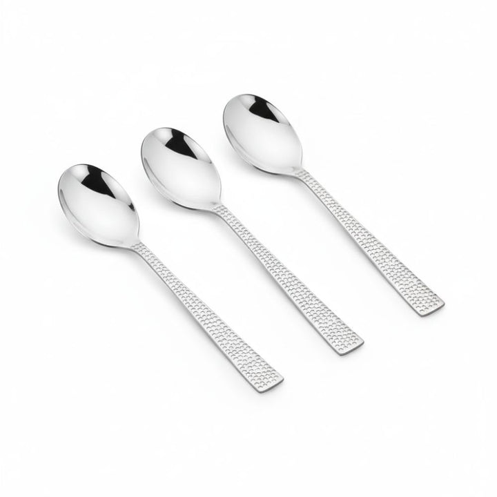 Vinod Stainless Steel 6 Pcs Hammered Finish Serving Spoon Cutlery Set, Rust Free, Mirror Polish, Premium Dinner Spoon, Tableware, Silver