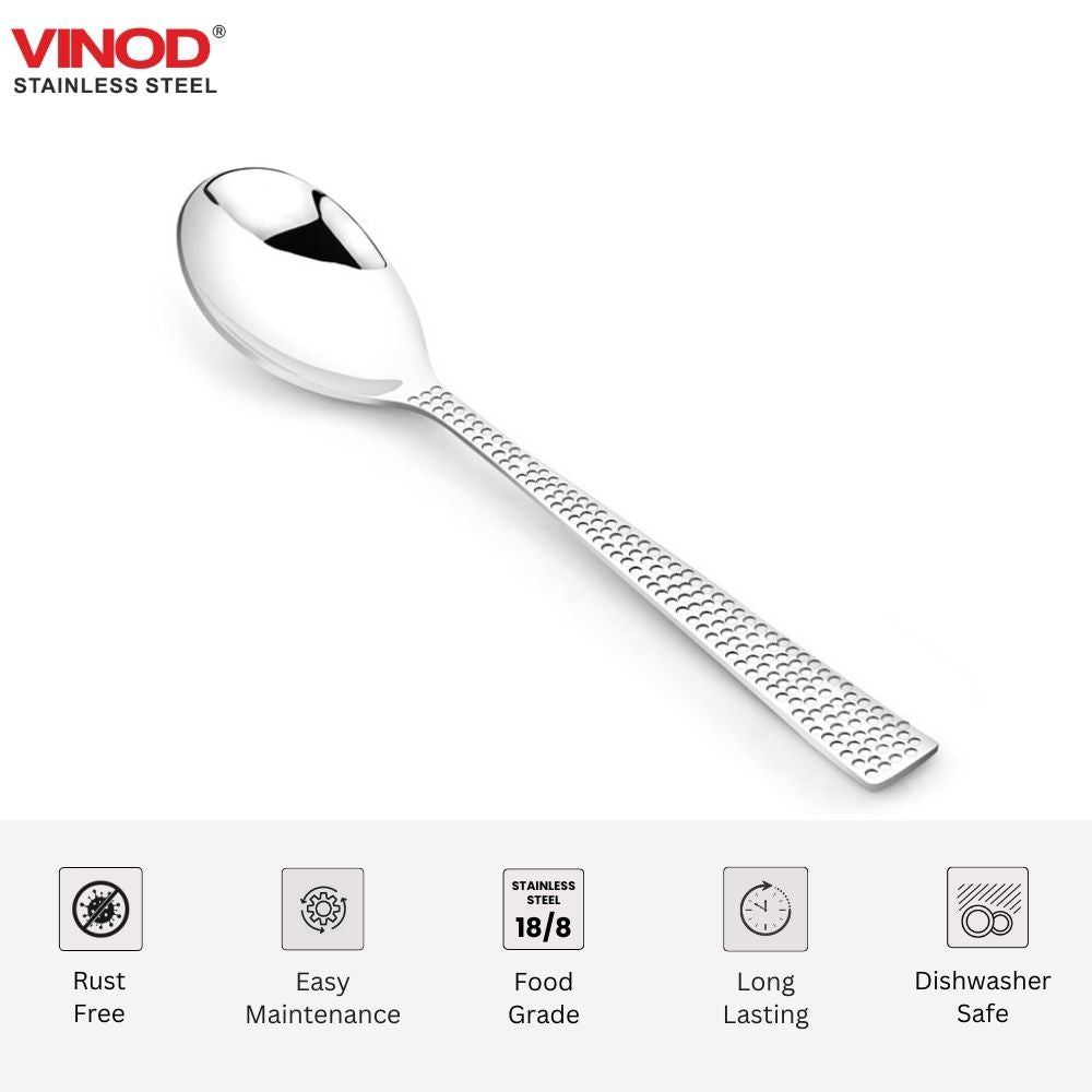 Vinod Aero hammered stainless steel dessert spoon set of 12, mirror finish, feature overview