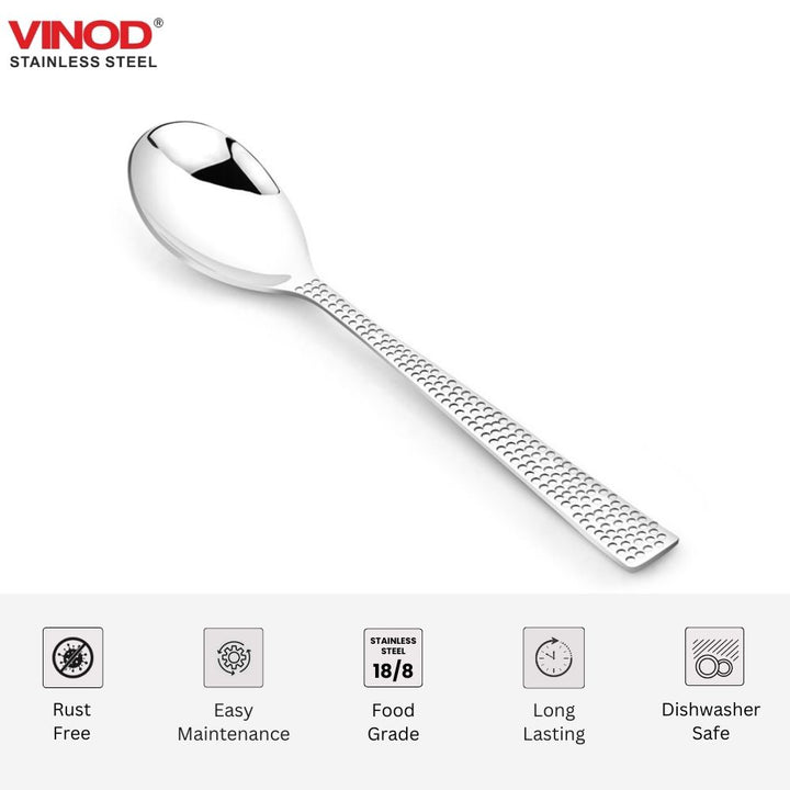 Vinod Stainless Steel 6 Pcs Hammered Finish Serving Spoon Cutlery Set, Rust Free, Mirror Polish, Premium Dinner Spoon, Tableware, Silver